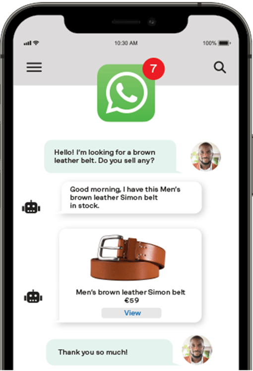 WhatsApp Mobile Chat A chat within WhatsApp taking place between a bot and customer in regards to receiving more information about a retail item