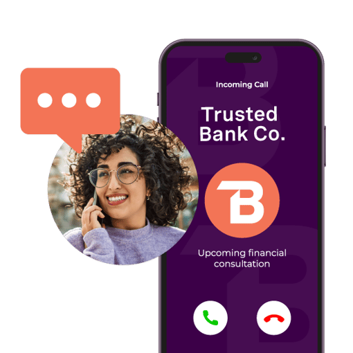 Illustration of a cell phone. On the screen is an incoming call from a bank for a financial consultation. A callout showing a conversation with a female customer floats by the phone.