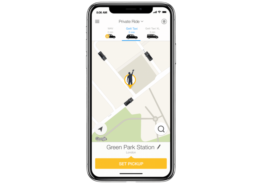 Screenshot der Gett-App auf einem iPhone X