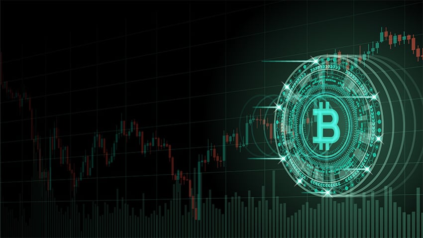 Grafische Gestaltung mit Index-Kurve und Bitcoin-Symbol