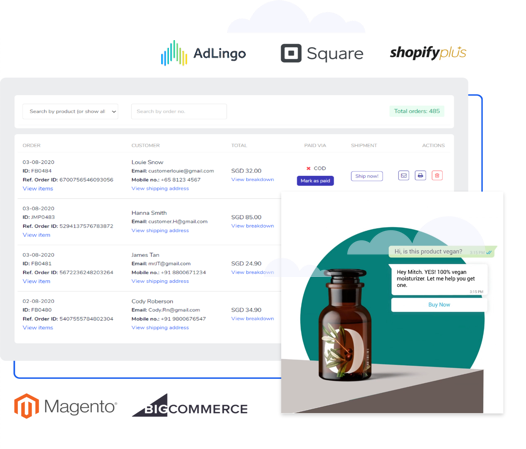 Conversational Commerce integrations Image of conversational commerce dashboard with different integrations available, including Google AdLingo, Square, Shopify plus and more